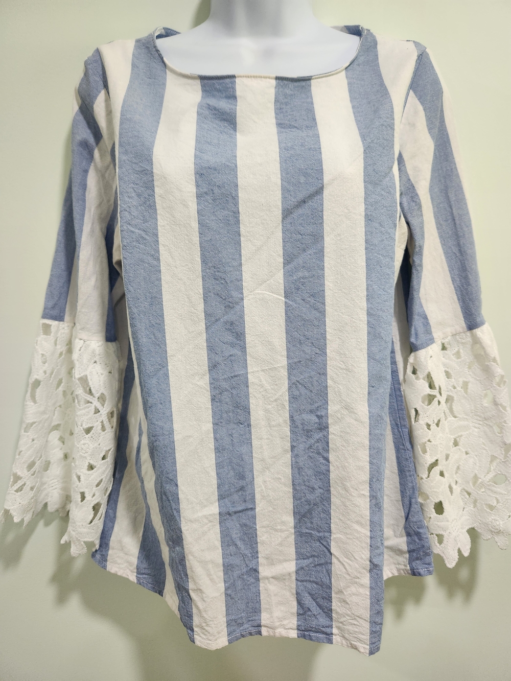 Renee C. Blue & White Vertical Stripe Lace-Sleeve Tunic